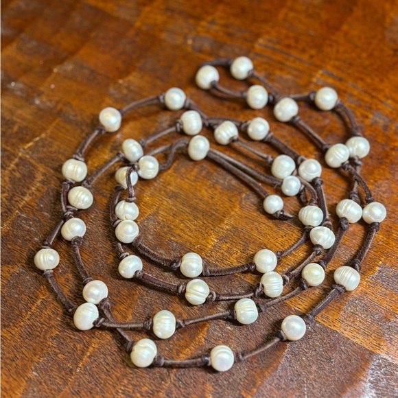 Rae Ramsey Leather and Natural Pearl (46) One of a Kind Necklace. RODEO - Picture 4 of 4